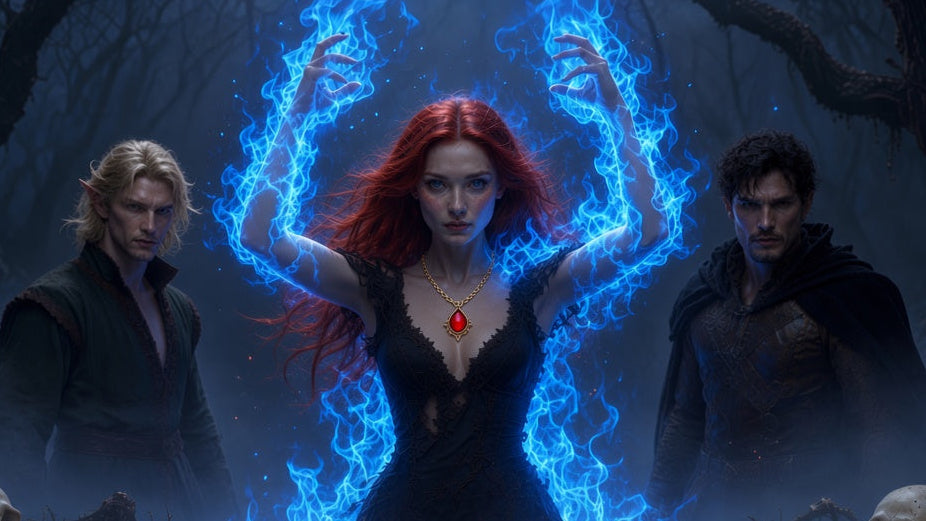 Fantasy artwork of a red-haired woman in a black dress casting bright blue energy, with two dark-robed men standing on either side in a misty forest, surrounded by skulls and bones on the ground.